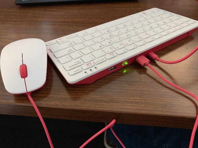 Official Raspberry Pi keyboard (with YubiKey plugged in) and mouse.