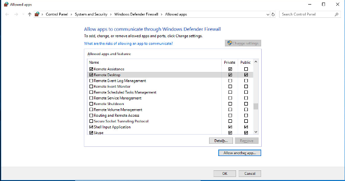 Changing firewall settings for Remote Desktop
