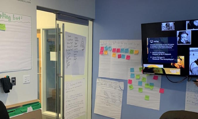 Scrum team room setup with sticky notes