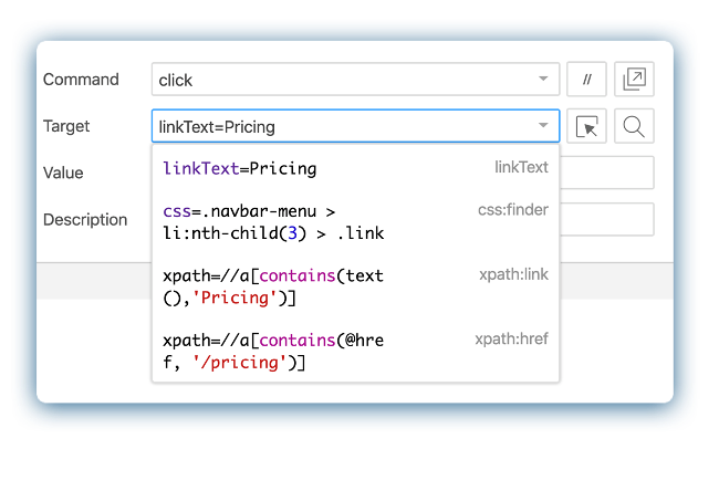 Selenium IDE captures linkText, an xPath expression, and CSS-based locators