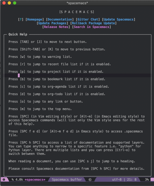 Spacemacs help screen