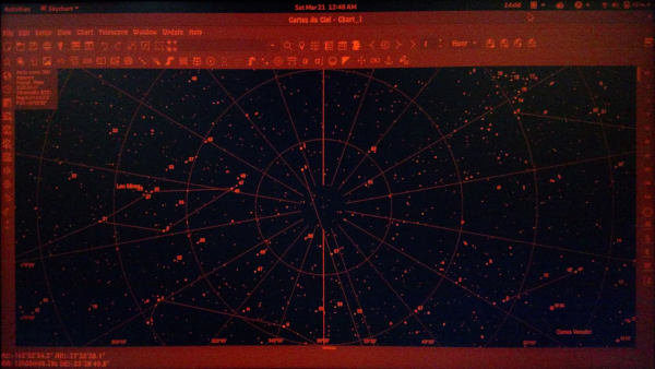 A star chart displayed in red screen mode