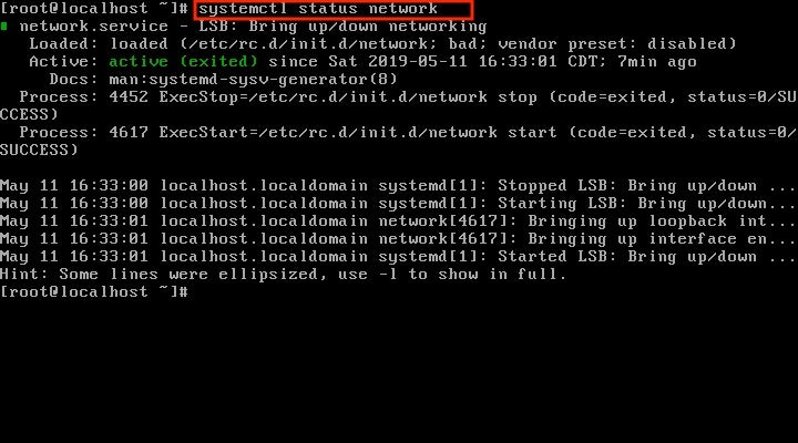 Checking that the network connection is on using the systemctl status network command