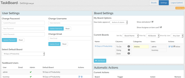 TaskBoard settings