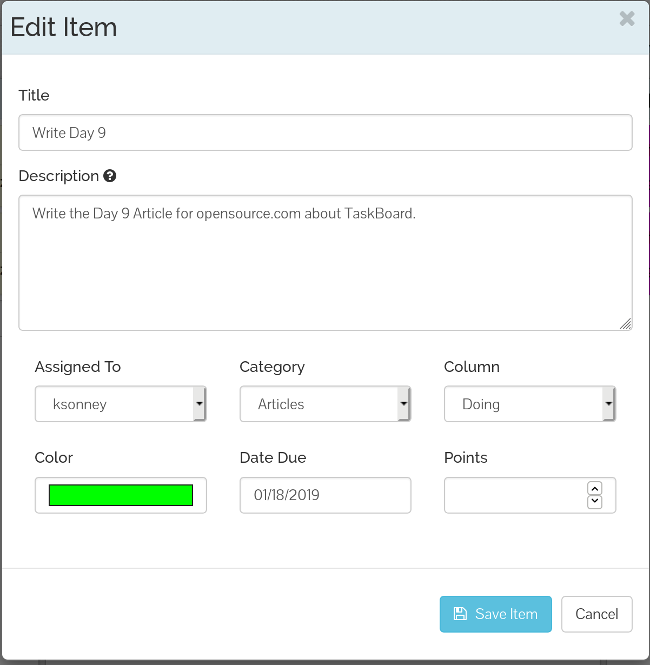 Editing a TaskBoard card