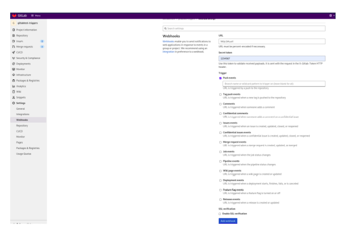 screenshot of GitLab Webhooks configurations