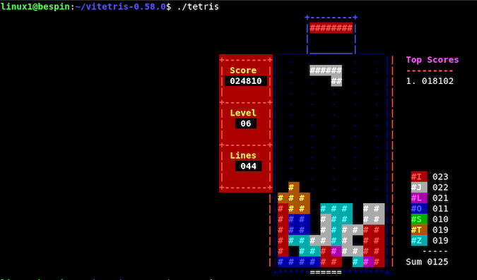 Screenshot of an open source Tetris game in progress, running on Linux