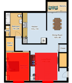 Apartment floor plan comparing the bedroom to the living room area.