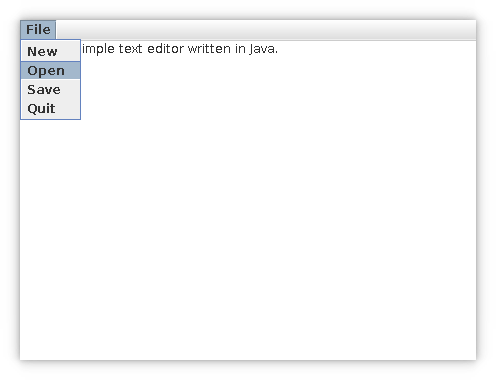 White text editor box with single drop down menu with options File, New, Open, Save, and Quit