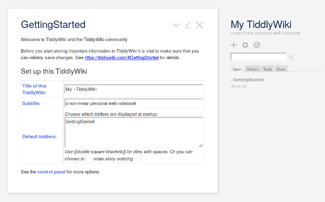 TiddlyWiki's Getting Started screen