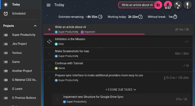 Super Productivity time tracking