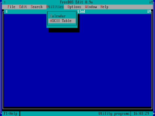 utilities menu - ascii table