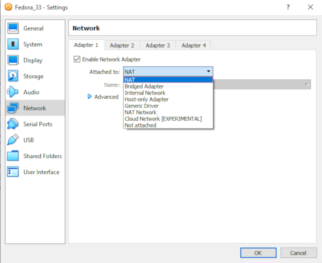 virtualbox network settings