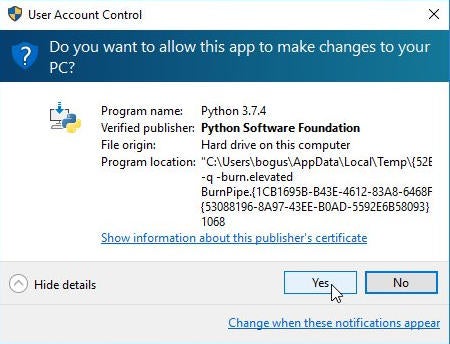 Windows may require your approval to install python