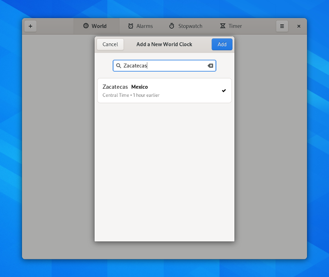Adding a new world clock in GNOME Clocks