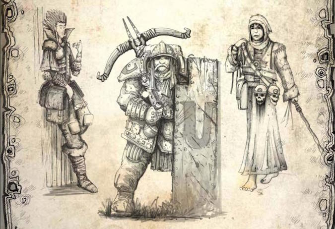 WRM character illustrations of a warrior, mage, and rogue