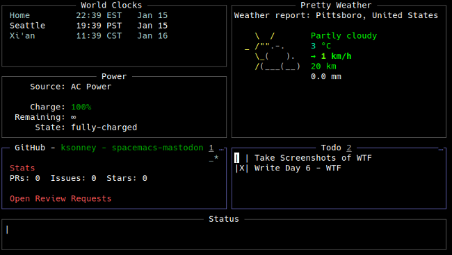 WTF dashboard with GitHub, Todos, Power, and the weather