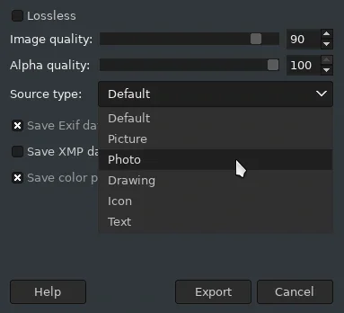 GIMP dialog for exporting webp, as a webp